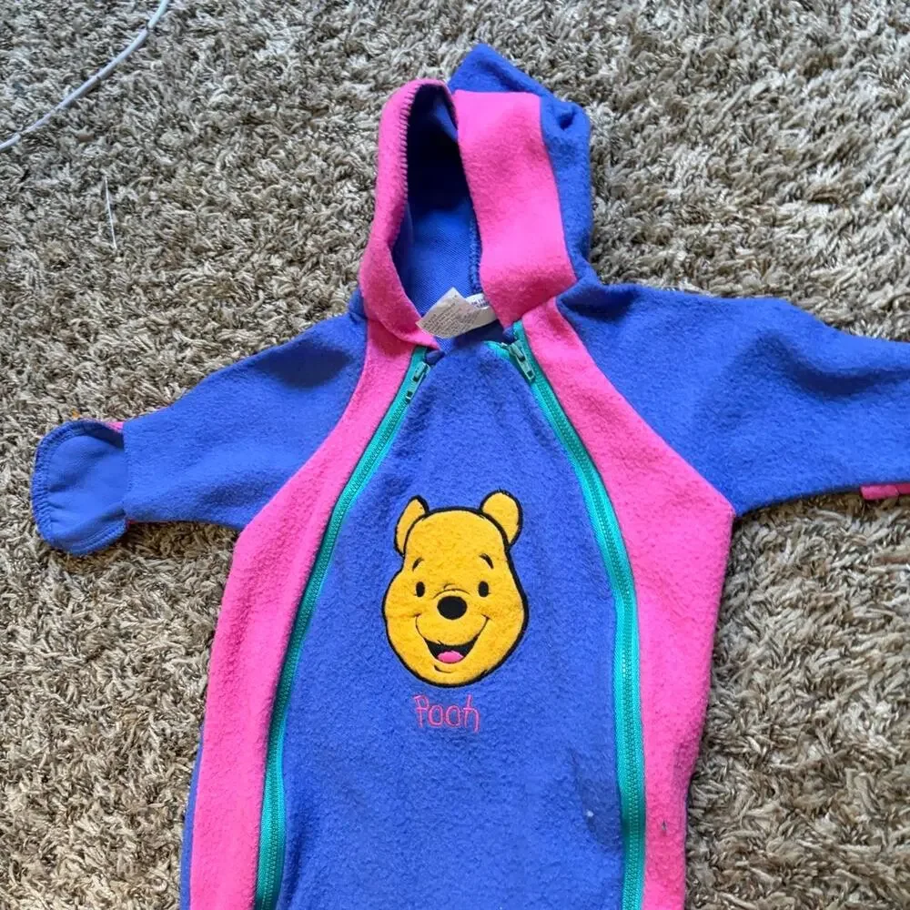 Vintage Disney Winnie the Pooh Baby Romper Fleece 0-6 M Retro Cartoon Hooded